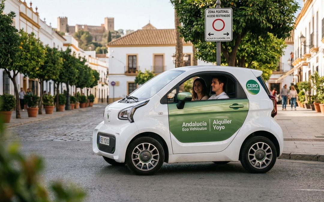 Un microcoche eléctrico XEV Yoyo blanco y verde, disponible para alquiler, circulando por una calle peatonal adoquinada en un centro histórico de Andalucía.